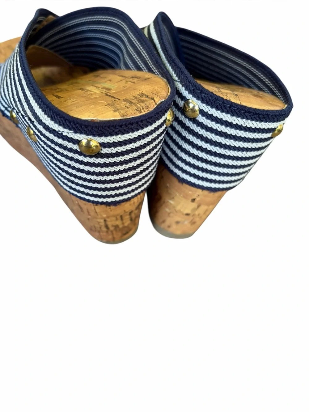 Charming Charlie Blue and White Fabric Cork Platform Wedge Sandals